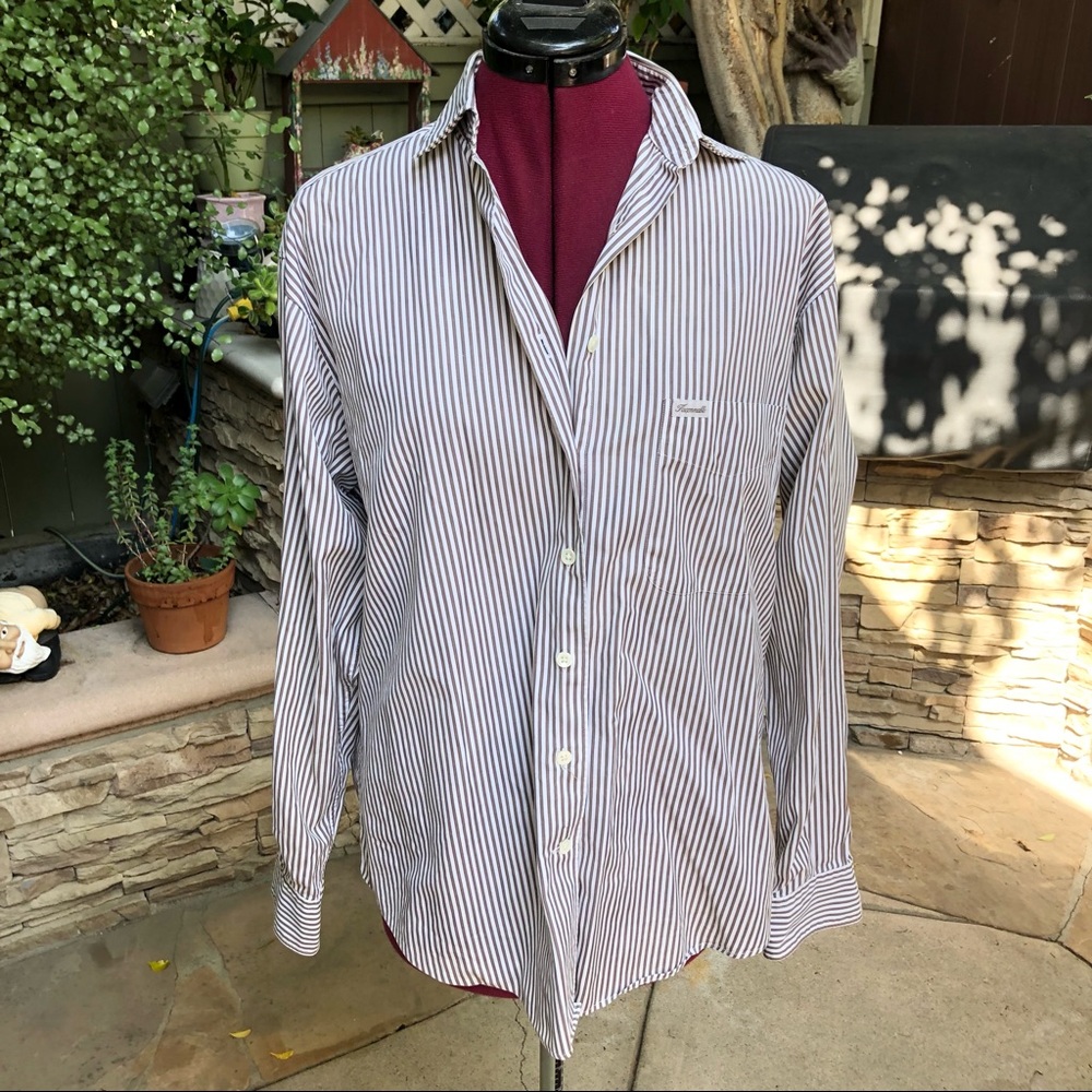 Woman’s Faconnable brown & White Striped Long Sleeve Blouse Size Large.